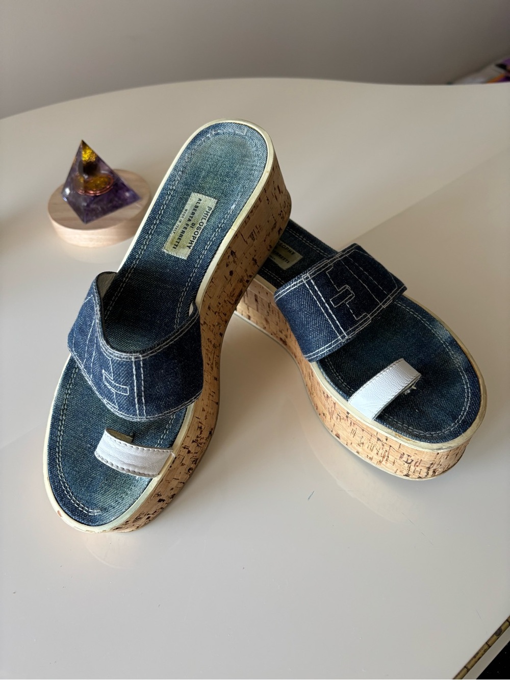 Philosophy di Alberta Ferretti Denim and White Cork Platform Slides